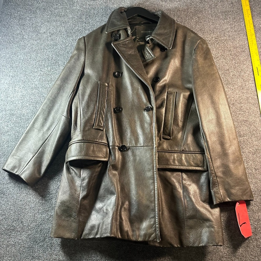 Banana Republic Genuine Leather Trench Coat Womens Large Brown Double Breasted